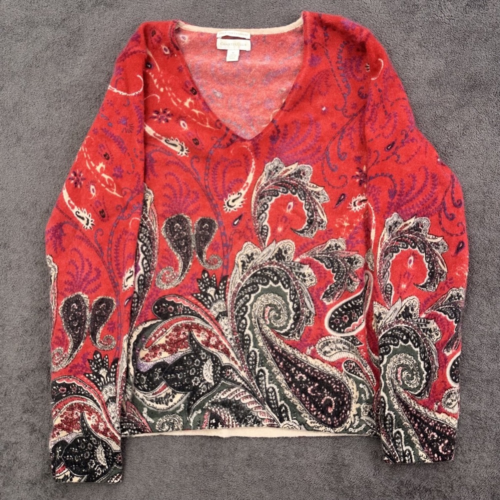 Charterclub Women's Long Sleeve salmon color Paisley Pullover 2 Ply Cashmere M